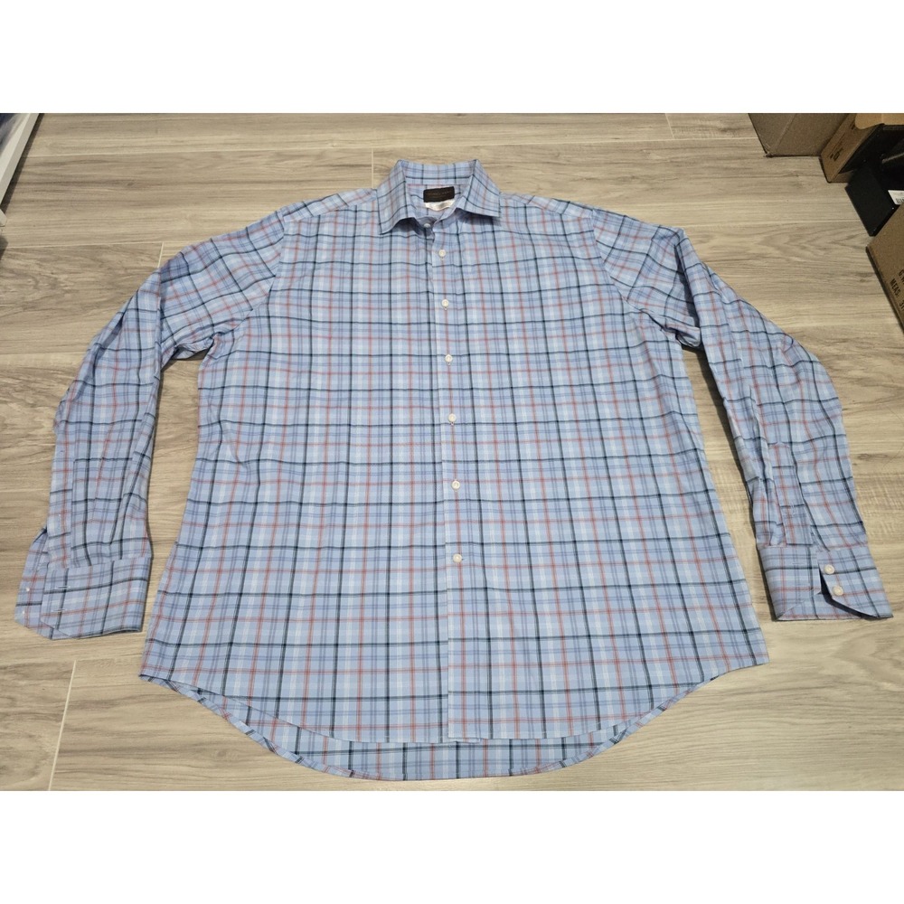 Thomas Dean Mens Long Sleeve Button Shirt Blue Check XL Plaid